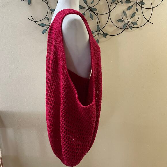 Handmade Red Crochet Granny Bottom Large Stretchy Shoulder Bag Market Tote Tote - Picture 3 of 11